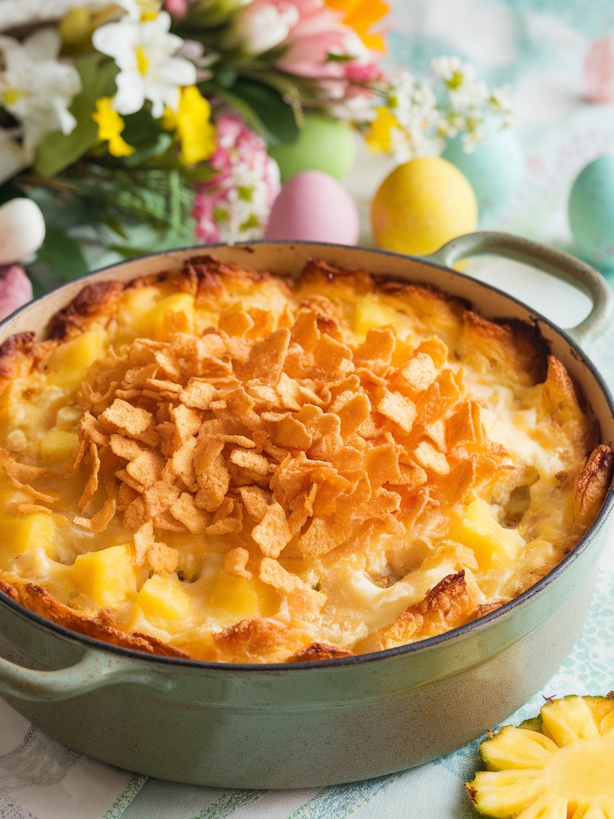 Delicious Pineapple Cheese Casserole for Easter Golden brown pineapple cheese casserole in a rustic dish, served on an Easter table with flowers and colorful eggs.