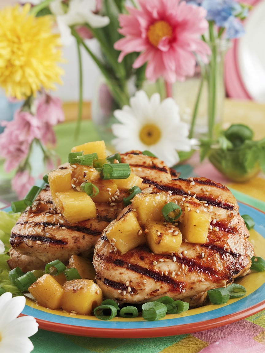 Juicy Pineapple Chicken Recipe for Easter Grilled pineapple chicken with fresh garnishes on a festive Easter table.