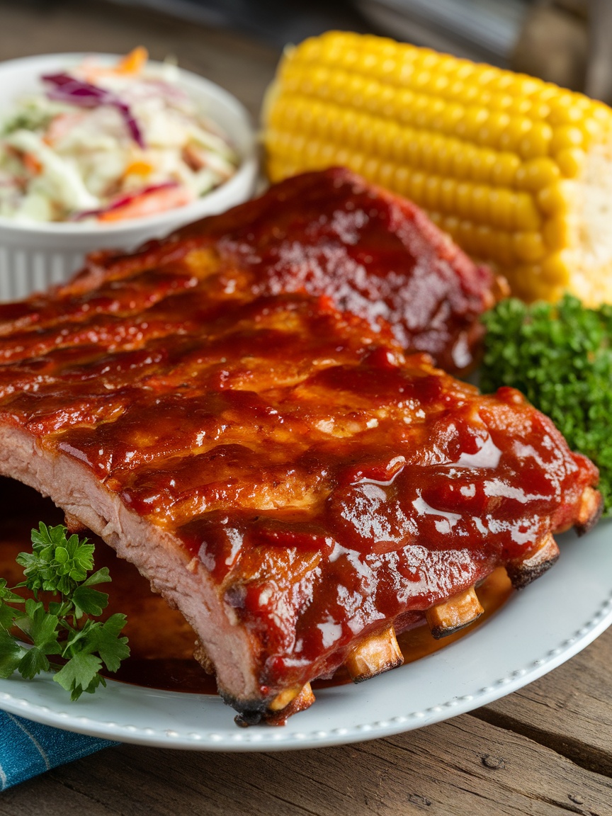 Succulent Oven-Baked BBQ Ribs Recipe A plate of succulent BBQ ribs with sauce, garnished with parsley, served with coleslaw and corn.
