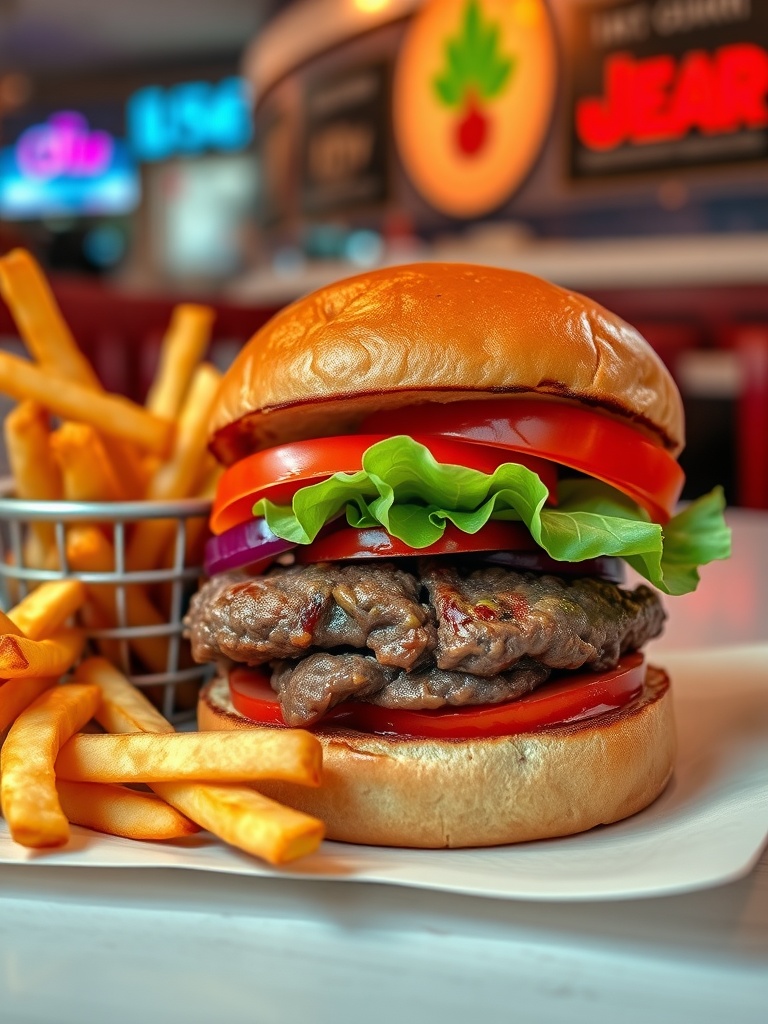 A close-up image of a classic beef burger topped with lettuce, tomato, and onion, served with a side of crispy fries.