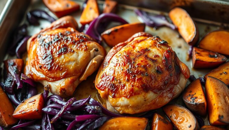 Sheet-Pan Chicken Thighs with Red Cabbage & Sweet Potatoes