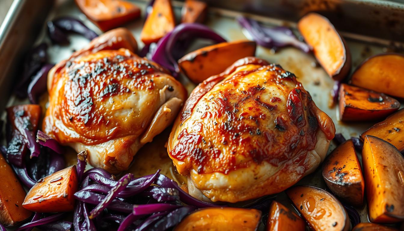 Sheet-Pan Chicken Thighs with Red Cabbage & Sweet Potatoes